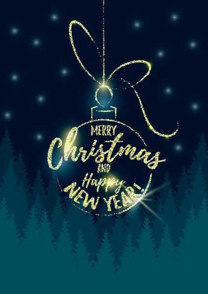 暗いクリスマス ツリー背景にメリー クリスマスと幸せな新年のテキストでキラキラ クリスマス ボールのベクター イラストです クリスマス デザイン — ストックベクタ