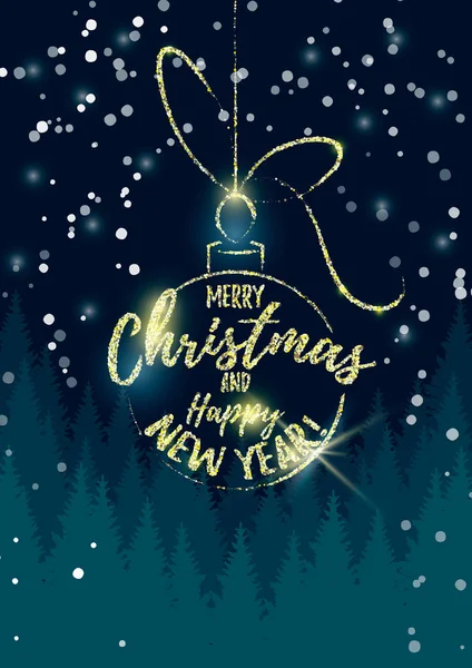 一个闪光的圣诞球的矢量插图与圣诞快乐和新年快乐的文本在黑暗的圣诞树背景 圣诞设计 — 图库矢量图片