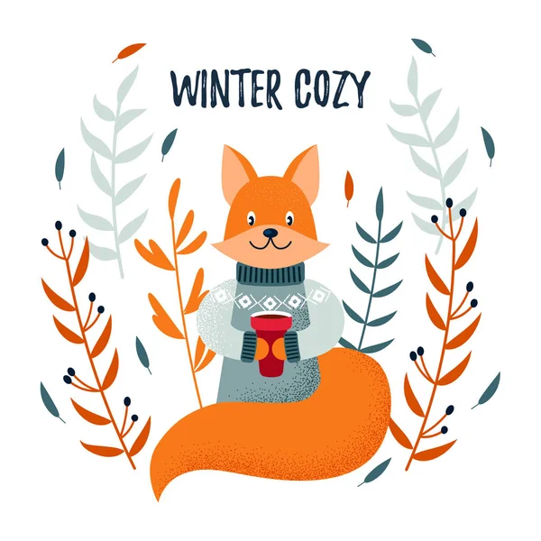 Vector Kerst Winter Kaart Met Een Schattig Fox Gezellige Slogan — Stockvector