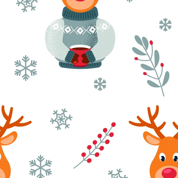 Winternahtloses Geplapper Mit Rentieren Und Schneeflocken Weihnachtsdesign Vektorillustration — Stockvektor