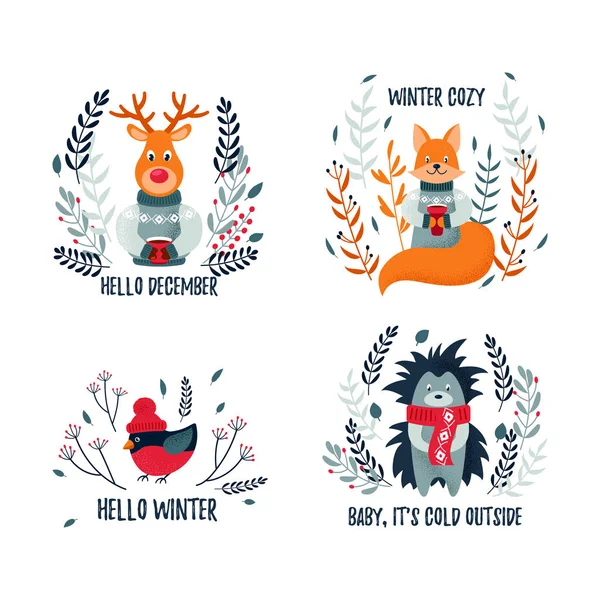 Conjunto Navidad Tarjetas Invierno Con Animales Del Bosque Lindo Ilustración — Vector de stock
