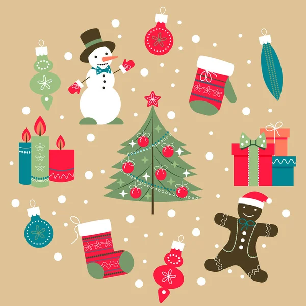 Ilustración Vectorial Conjunto Elementos Navideños Incluyendo Pan Jengibre Decoraciones Árboles — Vector de stock