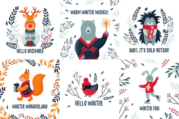 Set Weihnachtskarten Mit Niedlichen Waldtieren Vektorillustration Weihnachtsdesign Hallo Dezember Warme — Stockvektor