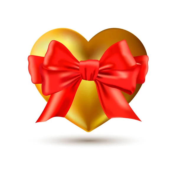 Vector illustration of a realistic gold heart with a bow — Stock Vector