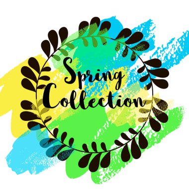 Bahar koleksiyonu tasarım. Çiçek çelenk ile bahar koleksiyonu metin fırça doku arka plan üzerinde beyaz izole. Vektör çizim. Kartları, baskı, web, afişler, posterler için kullanılabilir