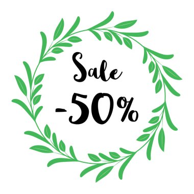 Satılık tasarım. Çiçek çelenk eksi elli metin ile beyaz izole. Vektör çizim. Kartları, baskı, web, afişler, posterler için kullanılabilir