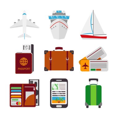Renkli düz stile beyaz izole seyahat simgeler kümesi. Vektör çizim. Tatil simgeler.