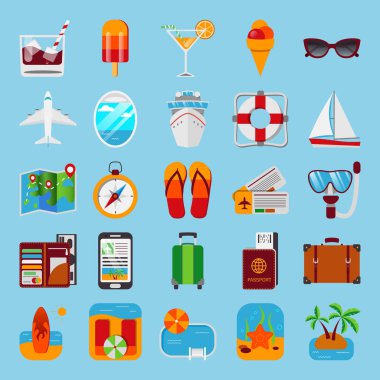 Renkli düz stile mavi izole seyahat simgeler kümesi. Vektör çizim. Cruise simgeler. Tatil simgeler.