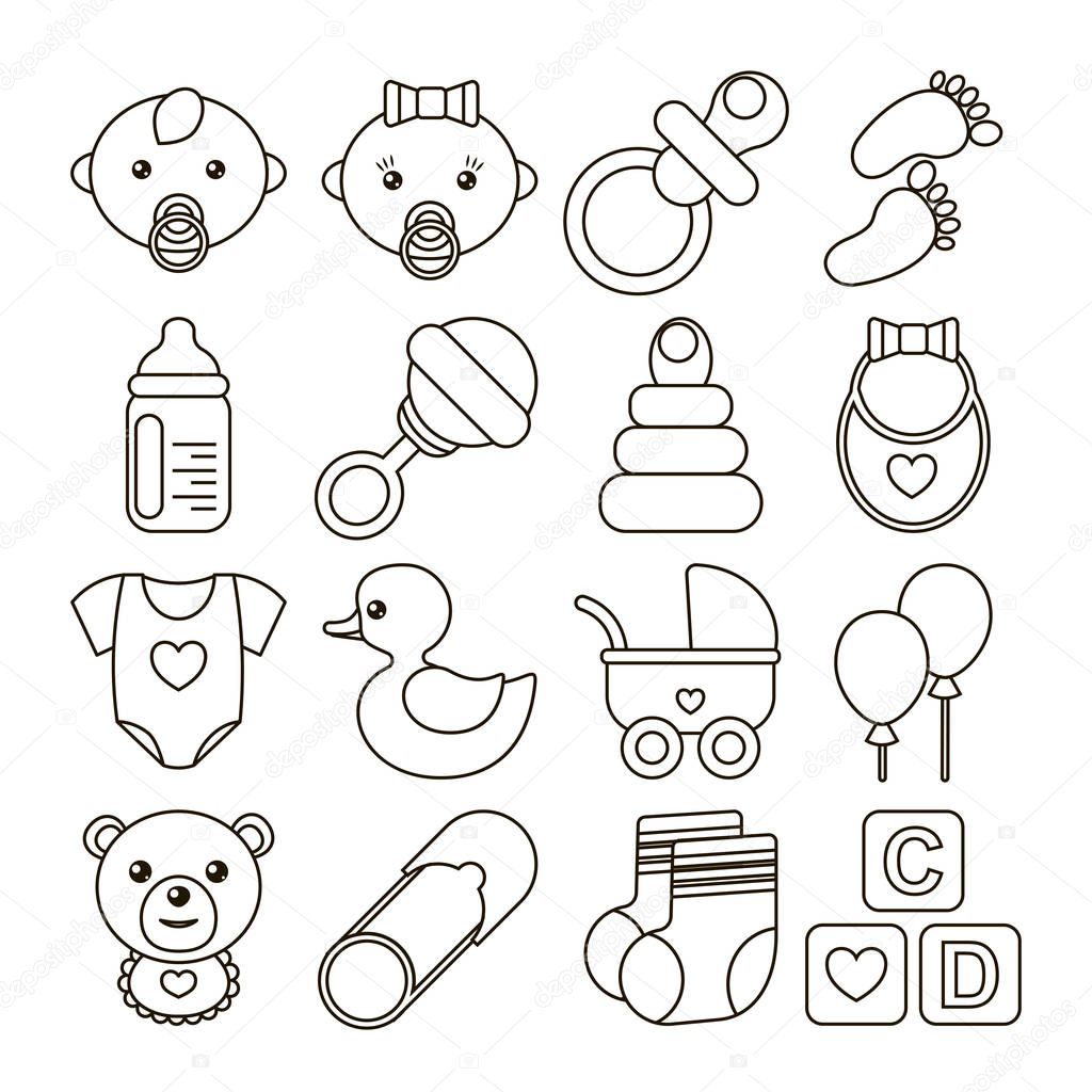 Set of baby icons in line stile. Could be used for cards, banners, patterns, wrapping paper, web