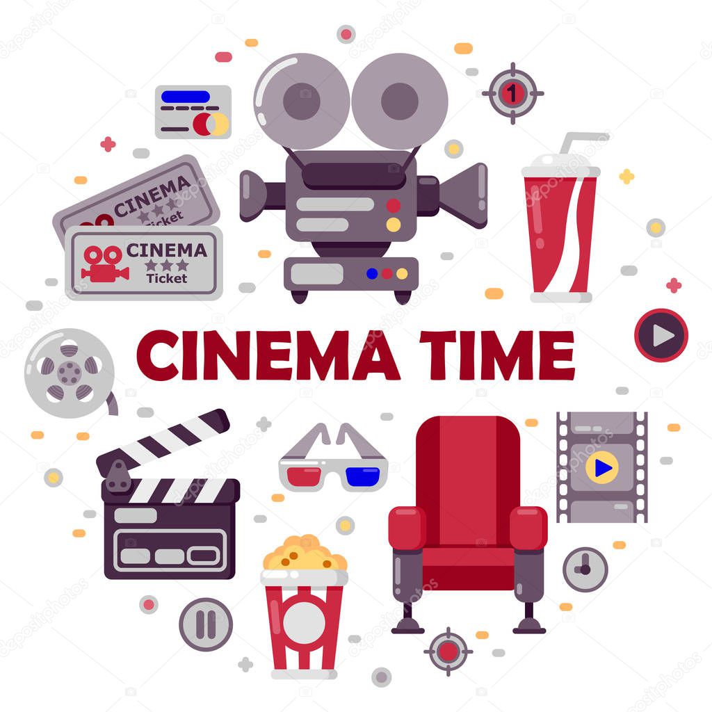 Set of cinema icons in flat stile isolated on white with cinema time text. Vector illustration.