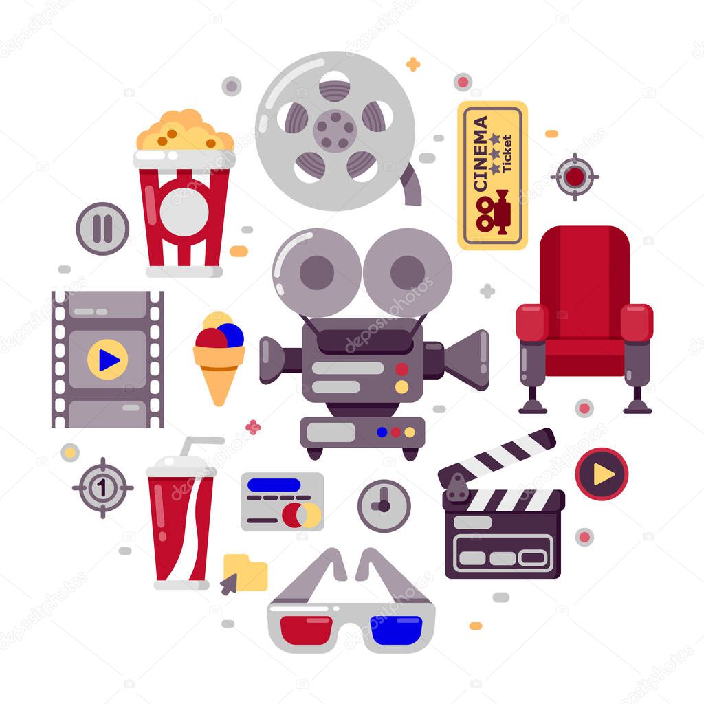 Set of cinema icons in flat stile isolated on white. Vector illustration.