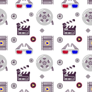 Sinema seamless modeli. Kullanılabilir web sitesi, afiş, davetiye, duvar kağıdı, ambalaj kağıdı, kurumsal tasarım için. Vektör çizim üzerinde beyaz izole.