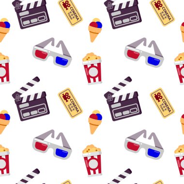 Sinema seamless modeli. Kullanılabilir web sitesi, afiş, davetiye, duvar kağıdı, ambalaj kağıdı, kurumsal tasarım için. Vektör çizim üzerinde beyaz izole.