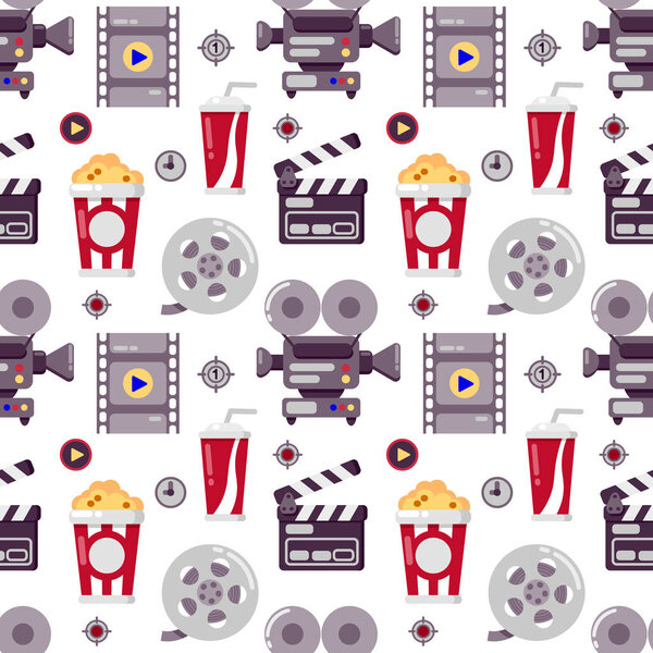 Cinema seamless pattern. Could be used for web site, banner, invitation, wallpaper, wrapping paper, corporative design. Vector illustration isolated on white.