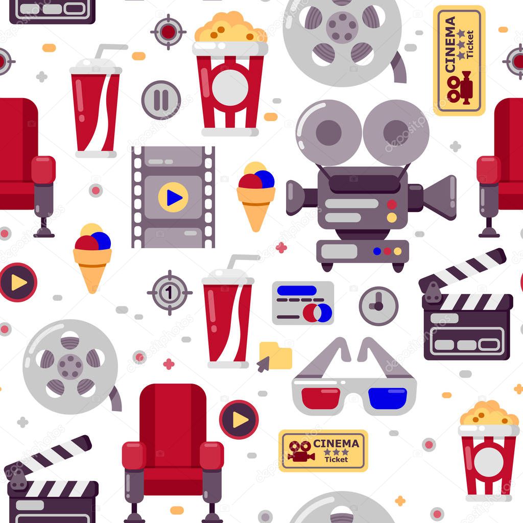 Cinema seamless pattern. Could be used for web site, banner, invitation, wallpaper, wrapping paper, corporative design. Vector illustration isolated on white.