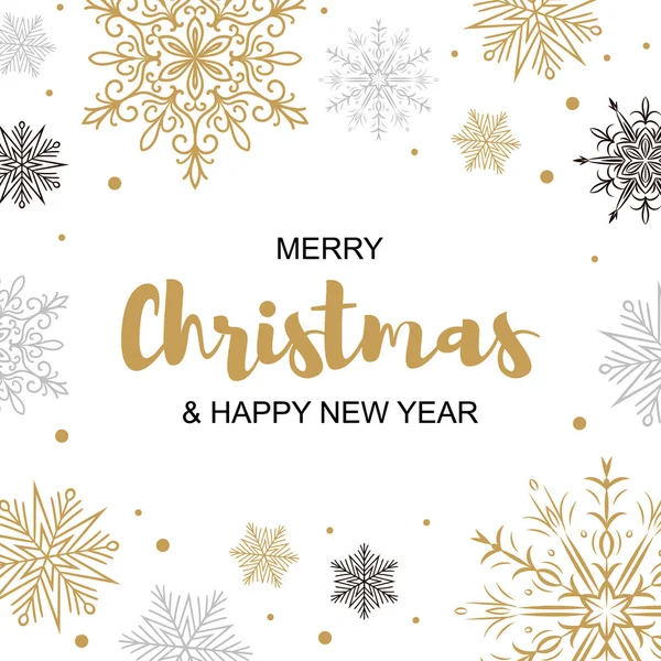 Mutlu Noeller ve mutlu yeni yıl tebrik kartı güzel altın ve siyah kar taneleri ile kare. Afiş, poster, masajlar, duyurular için Noel tasarım. Metin için yer