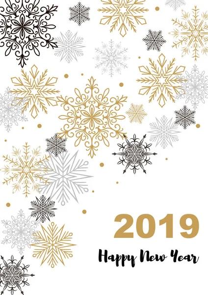 Dikey neşeli Noel ve mutlu yeni yıl tebrik kartı güzel altın ve siyah kar taneleri ile. Afiş, poster, masajlar, duyurular için Noel tasarım. Metin için yer