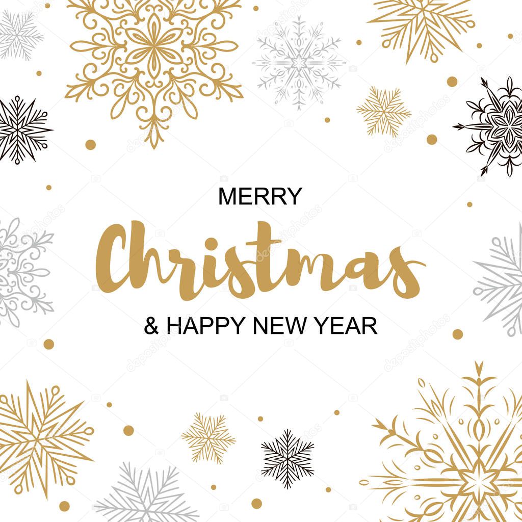 Square Merry Christmas and Happy New Year greeting card with beautiful golden and black snowflakes. Christmas design for banners, posters, massages, announcements. Space for text