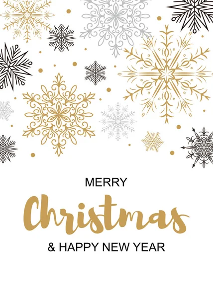 Dikey neşeli Noel ve mutlu yeni yıl tebrik kartı güzel altın ve siyah kar taneleri ile. Afiş, poster, masajlar, duyurular için Noel tasarım. Metin için yer