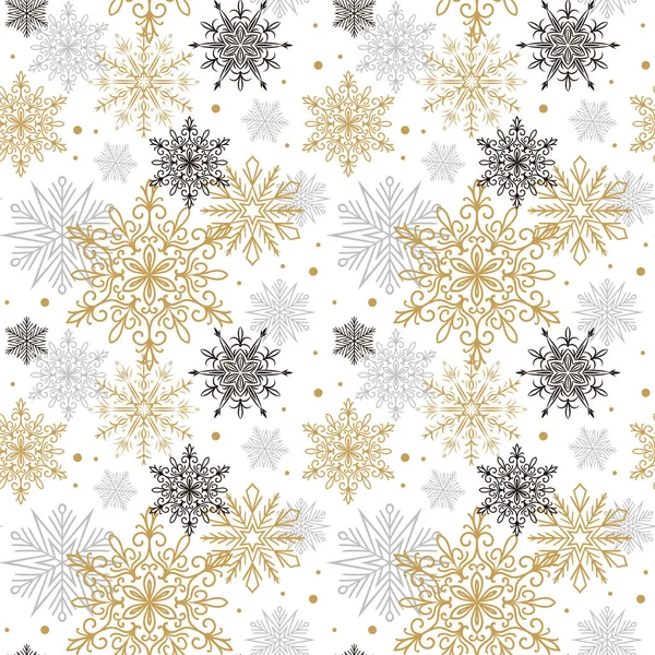 Бесшовный Рисунок Золотыми Черными Серыми Снежинками Изолирован Белом Фоне Рождественский — стоковый вектор