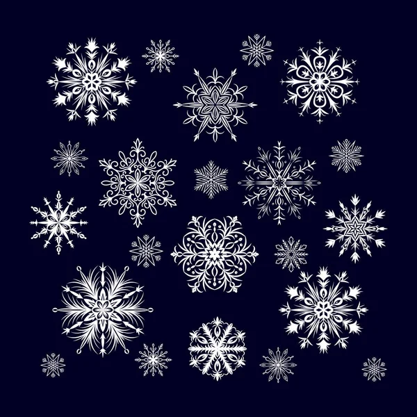 Ensemble Flocons Neige Détaillés Isolés Sur Fond Bleu Illustration Vectorielle — Image vectorielle