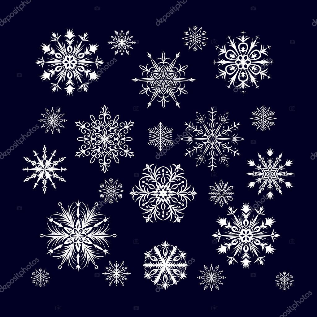 Set of detailed snowflakes isolated on blue background. Vector illustration.
