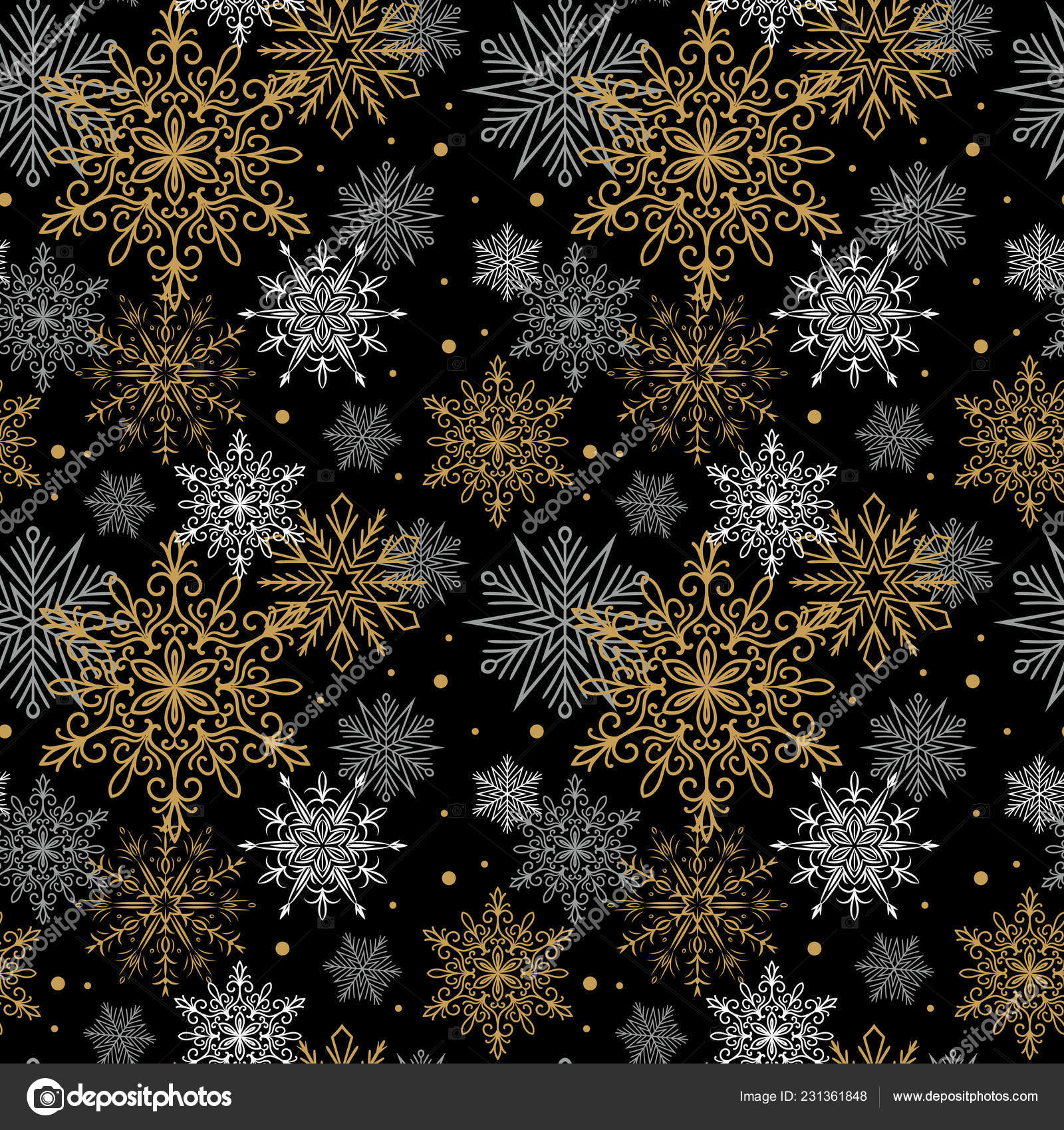 Seamless Pattern Gold White Gray Snowflakes Black Background ...