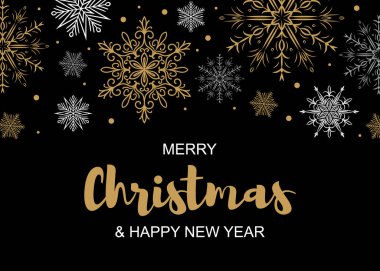 Yatay neşeli Noel ve mutlu yeni yıl tebrik kartı siyah arka plan üzerine güzel altın ve beyaz kar taneleri ile. Afiş, poster, masajlar, duyurular için Noel tasarım. Metin için yer
