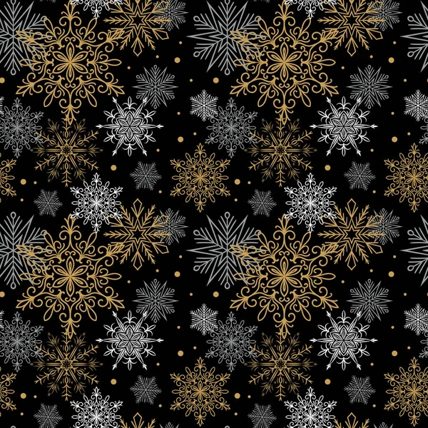 Бесшовный Узор Золотыми Белыми Серыми Снежинками Черном Фоне Рождественский Дизайн — стоковый вектор