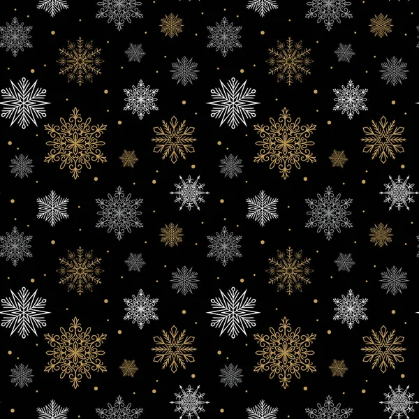 Бесшовный Узор Золотыми Белыми Серыми Снежинками Черном Фоне Рождественский Дизайн — стоковый вектор