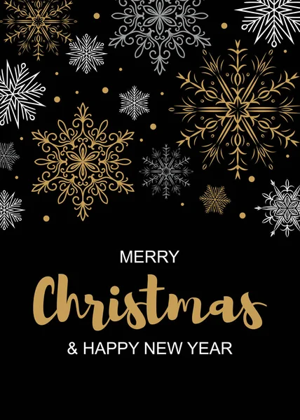 Dikey neşeli Noel ve mutlu yeni yıl tebrik kartı siyah arka plan üzerine güzel altın ve beyaz kar taneleri ile. Afiş, poster, masajlar, duyurular için Noel tasarım. Metin için yer