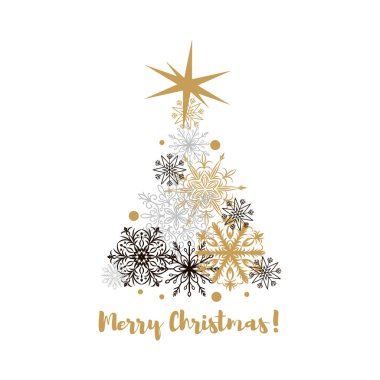 Bir Noel ağacı ile neşeli Noel ve mutlu yeni yıl tebrik kartı güzel altın ve siyah kar taneleri yaptı. Afiş, poster, masajlar, duyurular için Noel tasarım. Metin için yer