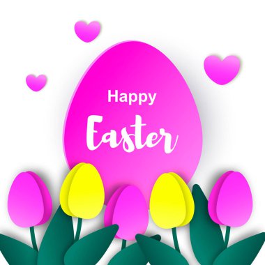 Paskalya kartı kağıt ile yumurta ve çiçekler kesti. Vektör çizim. Paskalya tasarım afiş, tebrik kartı, el ilanı, bülten için. Metin için yer.