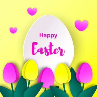 Paskalya kartı kağıt ile yumurta ve çiçekler kesti. Vektör çizim. Paskalya tasarım afiş, tebrik kartı, el ilanı, bülten için. Metin için yer.