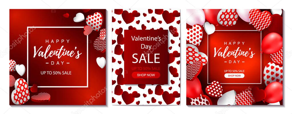 Set of Valentines day cards and sale banners. Valentines day design for banners, flyers, newsletters, postcards. Space for text. Vector illustration.