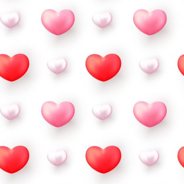 Sevgililer günü beyaz izole gerçekçi kırmızı ve pembe kalpler ile seamless modeli. Sevgililer günü arka plan için festival dekor, ambalaj kağıdı, baskı, tekstil, kumaş, duvar kağıdı.