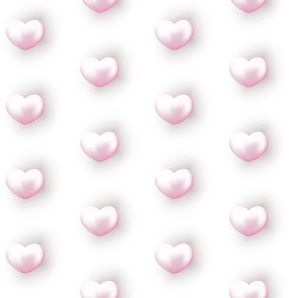 Valentijnsdag Naadloze Patroon Met Realistische Roze Harten Geïsoleerd Wit Valentijnsdag — Stockvector