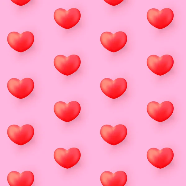 Valentijnsdag Naadloze Patroon Met Realistische Rood Hart Roze Achtergrond Valentijnsdag — Stockvector