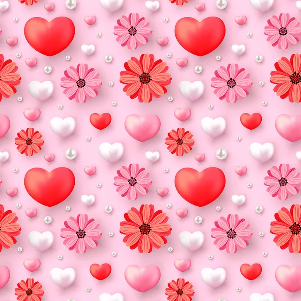 Floral seamless pattern with hearts and pearls on pink background. Background for festive decor, wrapping paper, print, textile, fabric, wallpaper.