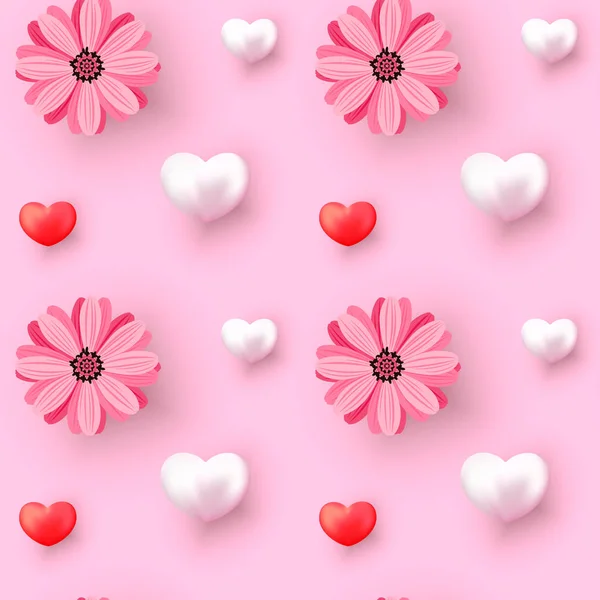 Valentinstag Nahtlose Muster Mit Realistischen Herzen Und Blumen Auf Rosa — Stockvektor