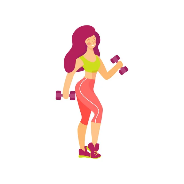 Ilustración vectorial de una chica en un gimnasio con mancuernas — Vector de stock