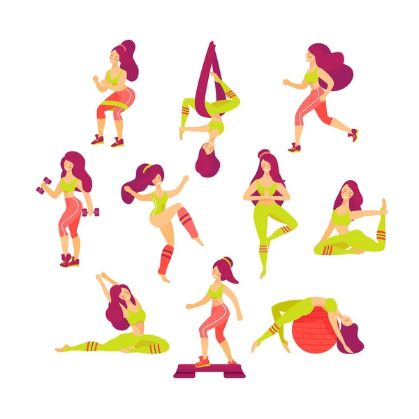 Conjunto de chicas haciendo diferentes tipos de actividad física. Vector i — Vector de stock