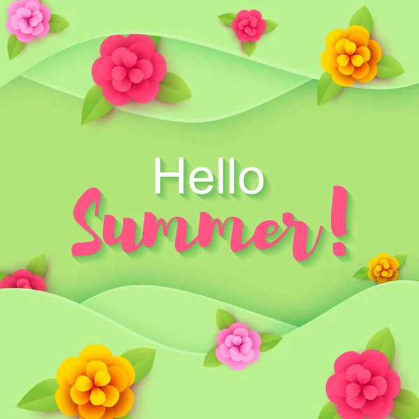 Kleurrijk voorjaar / zomer banner met bloemen op groene achtergrond — Stockvector