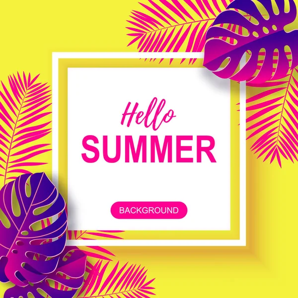 Привіт Літній дизайн з фіолетовим тропічним листям на жовтому фоні — стоковий вектор