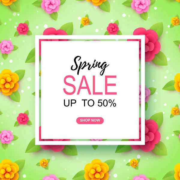 Buntes Frühlings- / Sommerschlussverkauf-Banner mit Blumen auf grünem Hintergrund — Stockvektor