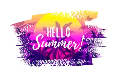 Palmiye ağaçları ile el çizilmiş boya arka plan. Merhaba yaz tasarımı