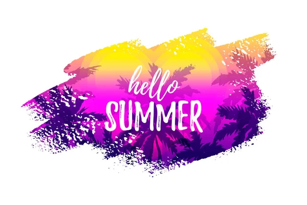 Met de hand getekend verf achtergrond met palmbomen. Hello Summer design — Stockvector