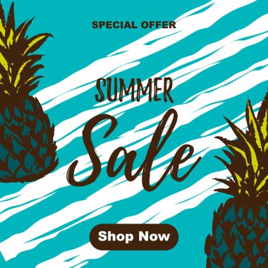 El çizilmiş elemanları ile yaz satışı afiş. Şimdi alışveriş yapın