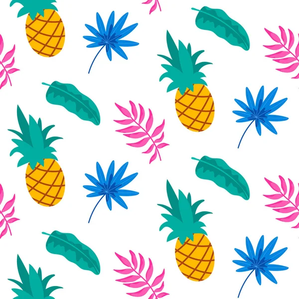Hand drawn tropical seamless pattern with palm tree leaves and p — Stock Vector