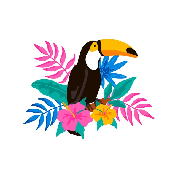 Handritade Toucan sitter på grenen med tropiska blad och — Stock vektor